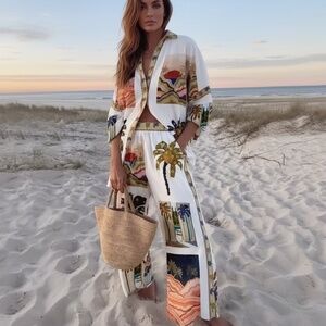 NEW!!! Vacation Resort Set , colorful summer print button down shirt and pants